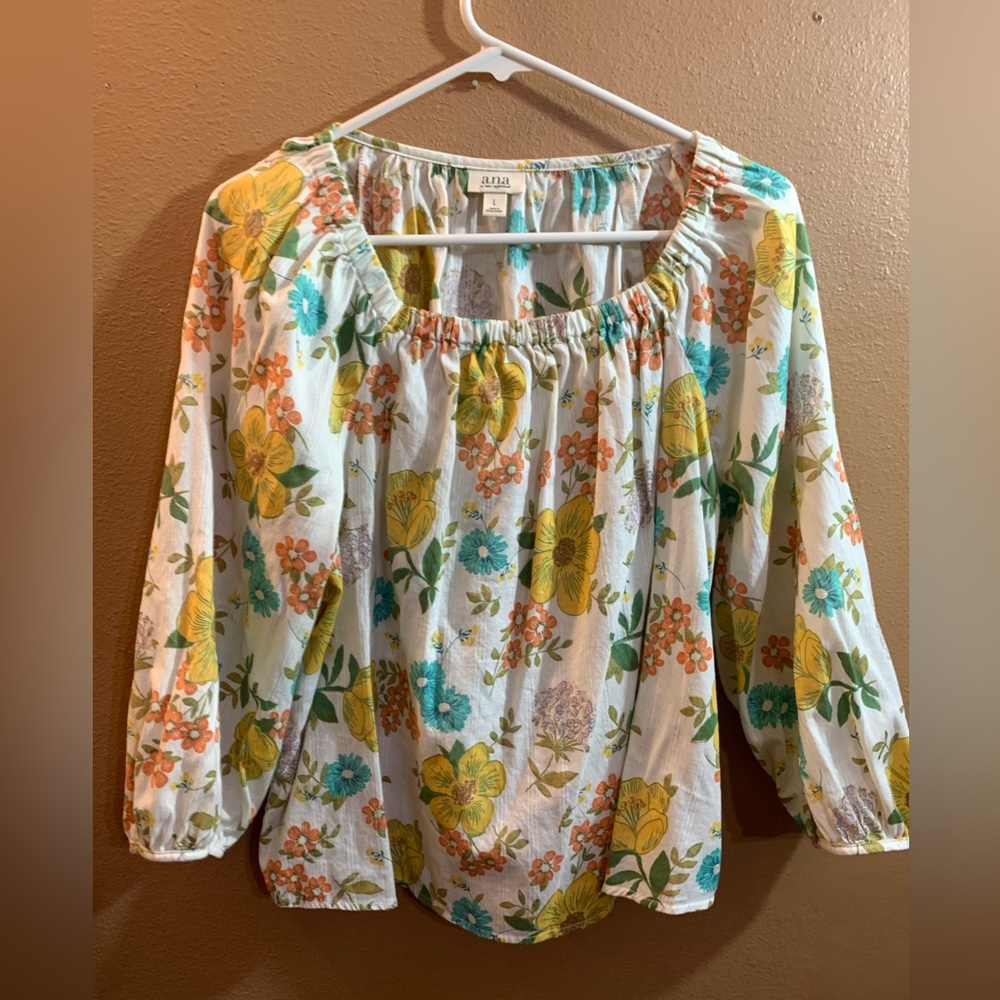 Anna Yellow Orange & Blue Boho Floral Peasant Blouse - L
